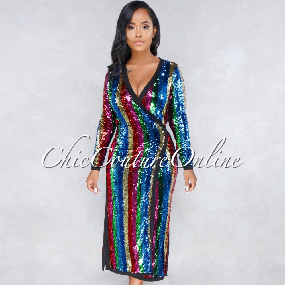✨Onika Multi-Color Stripes Sequin Wrap Dress✨